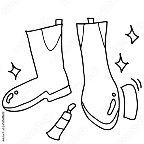 ブーツを磨く線画イラスト（靴クリーム）