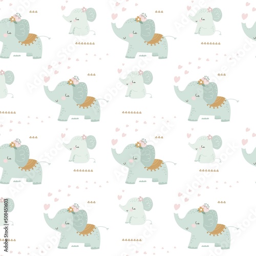 Seamless pattern with cute cartoon elephant. Vector illustration