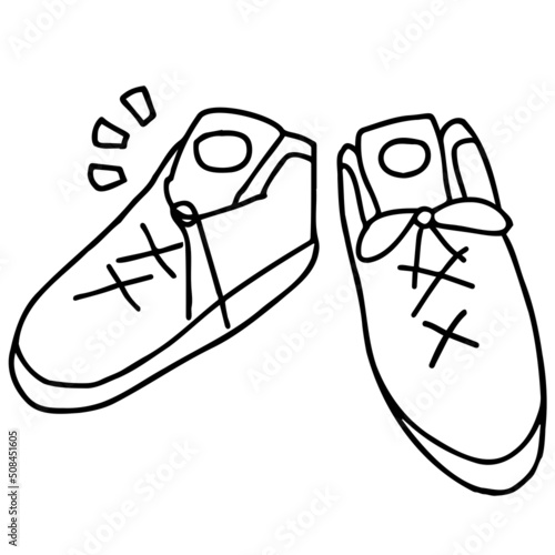 靴紐が解けたスニーカーの線画イラスト