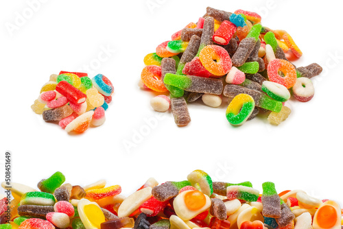 Assorted gummy candies. Top view. Jelly sweets.