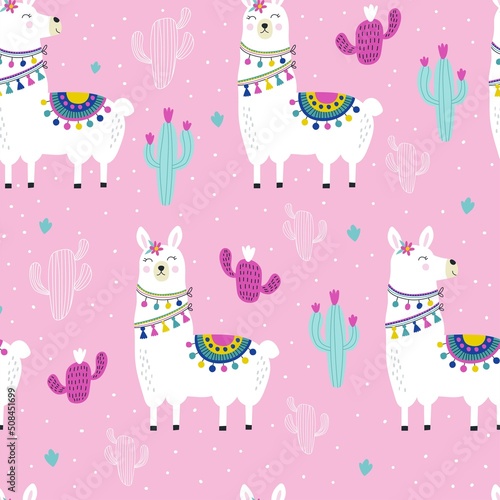Seamless pattern with cute llama. Vector illustrations