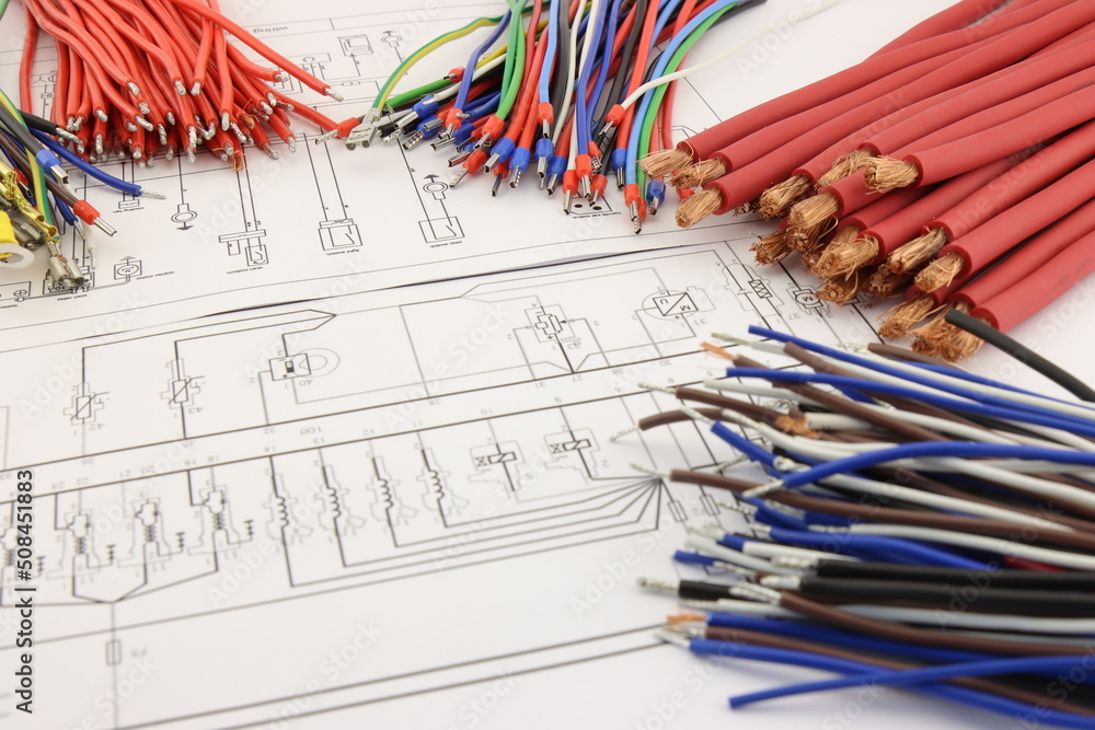 Copper electrical wires in colored insulation on an electrical diagram ...