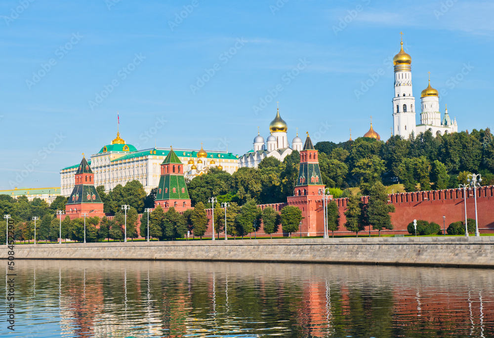 The Grand Kremlin Palace and churches of Moscow Kremlin. Sunny summer morning. Moscow. Russia