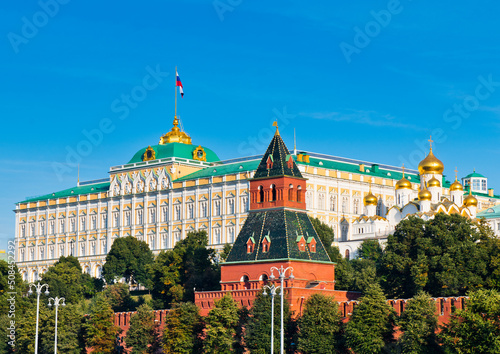 The Grand Kremlin Palace and churches of Moscow Kremlin. Sunny summer morning. Moscow. Russia