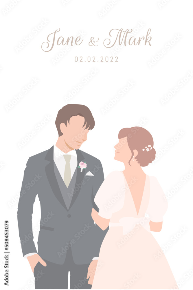 Bride in white dress  happily stands beside her Groom in black suit for their wedding ceremony invitation card flat vector couple characters on white background.