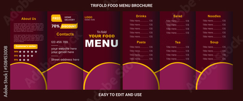 Trifold premium template brochure design for food menu parlor's latest modern trend.