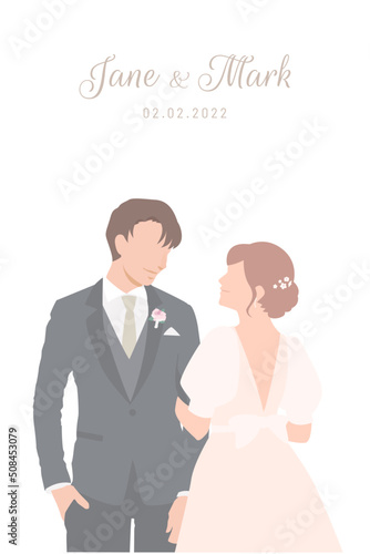 Bride in white dress  happily stands beside her Groom in black suit for their wedding ceremony invitation card flat vector couple characters on white background.
