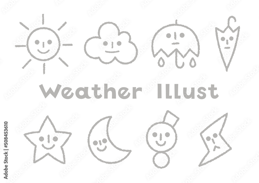 天気のゆるい線画の手描きイラストセット