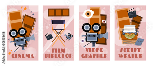 A set of video production web banners for applications. Production of films and TV programs. The idea of creative people and professions. Video production. Director and screenwriter. Videographer