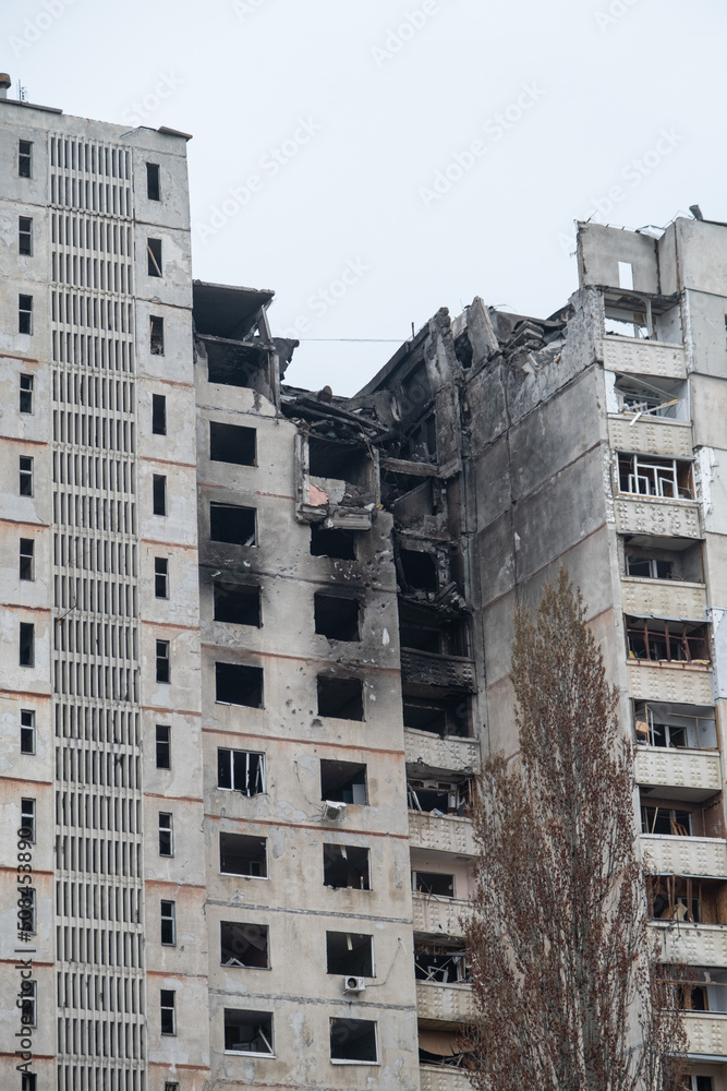 Fototapeta premium War in Ukraine 2022. Destroyed, bombed and burned residential building after Russian missiles in Kharkiv Ukraine. Russian aggression, conflict. Russian attack on Ukraine. Russia is bombing Ukraine