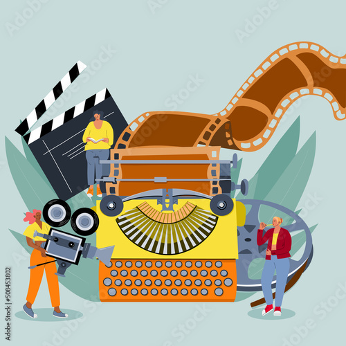Vector illustration of the screenwriter. The concept of writing a script. Work on the production of the film. Retro typewriter with film