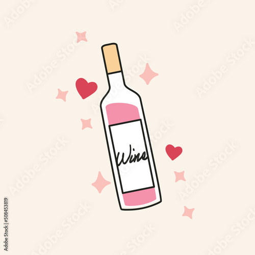 Hand Drawn Rose Wine Illustration Icon. Modern Outline Design Showing Bottle of Pink Wine with Sparkles and Hearts Around. Isolated Vector