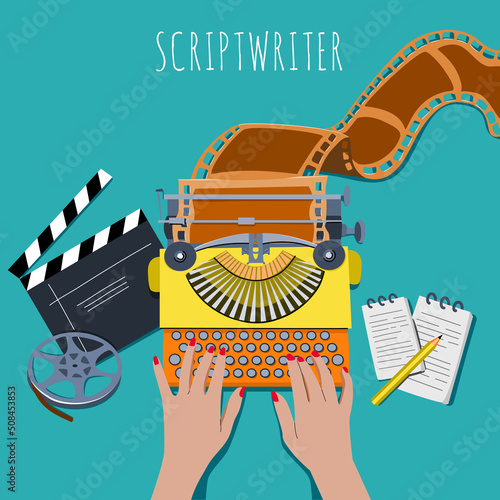 Creating a script for a movie, video. Women's hands are typing on a typewriter. The work of a screenwriter