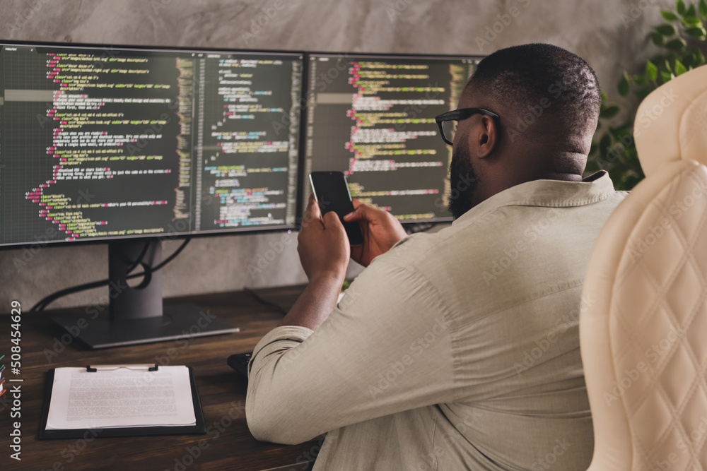 Photo & Art Print Rear back behind view portrait of handsome focused ...
