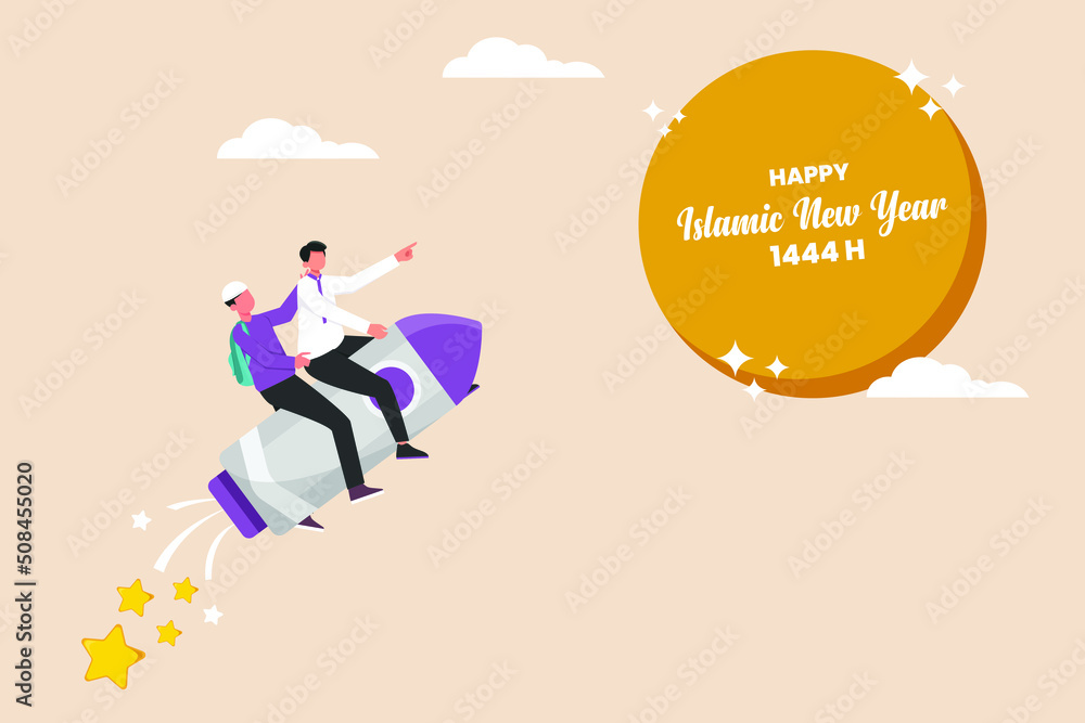 Muslim young man with his friend on a rocket to go to the moon. Happy Islamic New Year. Flat vector illustration isolated.