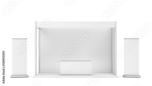 Blank tradeshow booth with counter and rollup banner