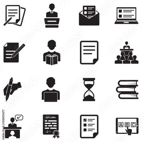 Exam Icons. Black Flat Design. Vector Illustration.