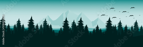 mountain scenery with tree flat design landscape vector illustration good for wallpaper, background, backdrop, banner, game art, web, tourism, travel, and design template