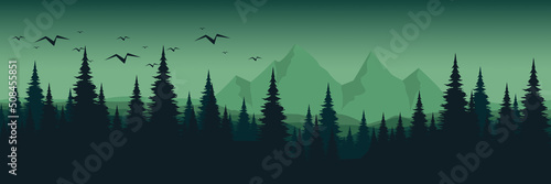 mountain scenery with tree flat design landscape vector illustration good for wallpaper, background, backdrop, banner, game art, web, tourism, travel, and design template
