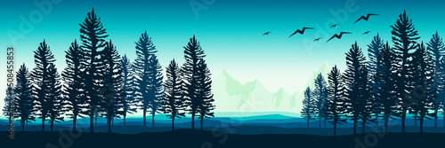 mountain scenery with tree flat design landscape vector illustration good for wallpaper, background, backdrop, banner, game art, web, tourism, travel, and design template