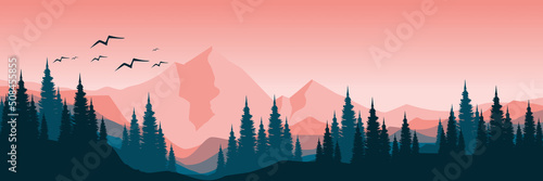 mountain scenery with tree flat design landscape vector illustration good for wallpaper, background, backdrop, banner, game art, web, tourism, travel, and design template