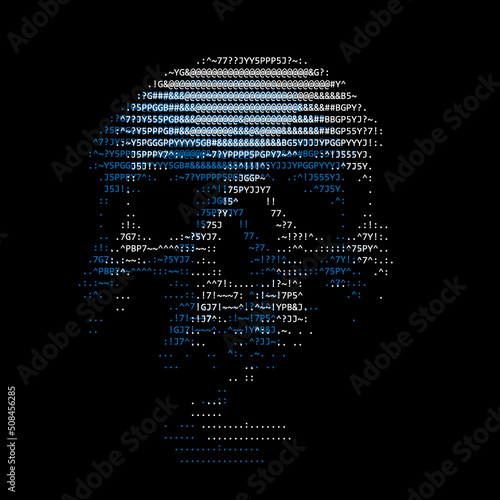 Skull made of text symbols in ASCII art design photo