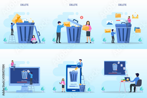 Delete concept. deleting data and move unnecessary files to the trash bin. illustration vector