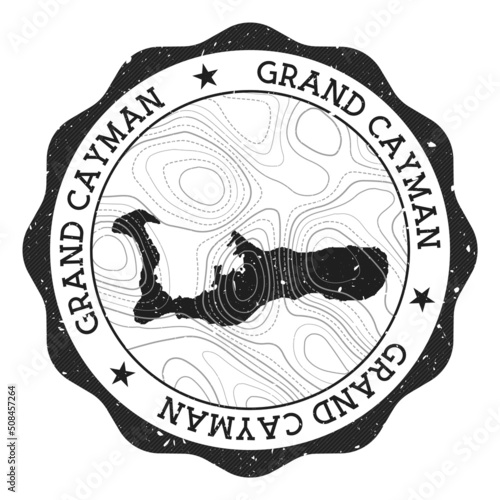 Grand Cayman outdoor stamp. Round sticker with map of island with topographic isolines. Vector illustration. Can be used as insignia, logotype, label, sticker or badge of the Grand Cayman.