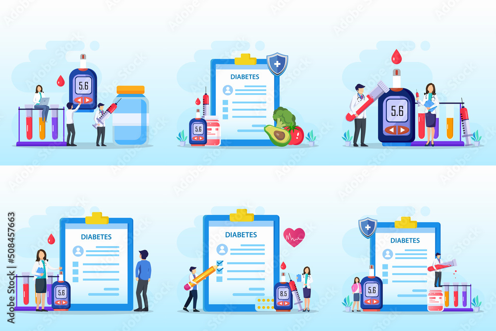 Medicine diabetes concept. The doctor tests the level of glucose in the blood, prescribes statins. Flat vector illustration. Medicine diabetes concept. The doctor tests the level of glucose in the blood, prescribes statins. Flat vector illustration.