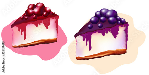 Delicious appetizing sweets, pie cakes, pies with berries, cheese, cranberries, blueberries, blackberries, cherries. Vector illustration for kids, postcards, cafe.