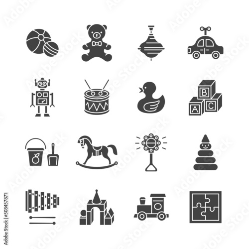Baby toy glyph icon set. Vector collection with duck, bear, car, robot, horse, ball, rattle.