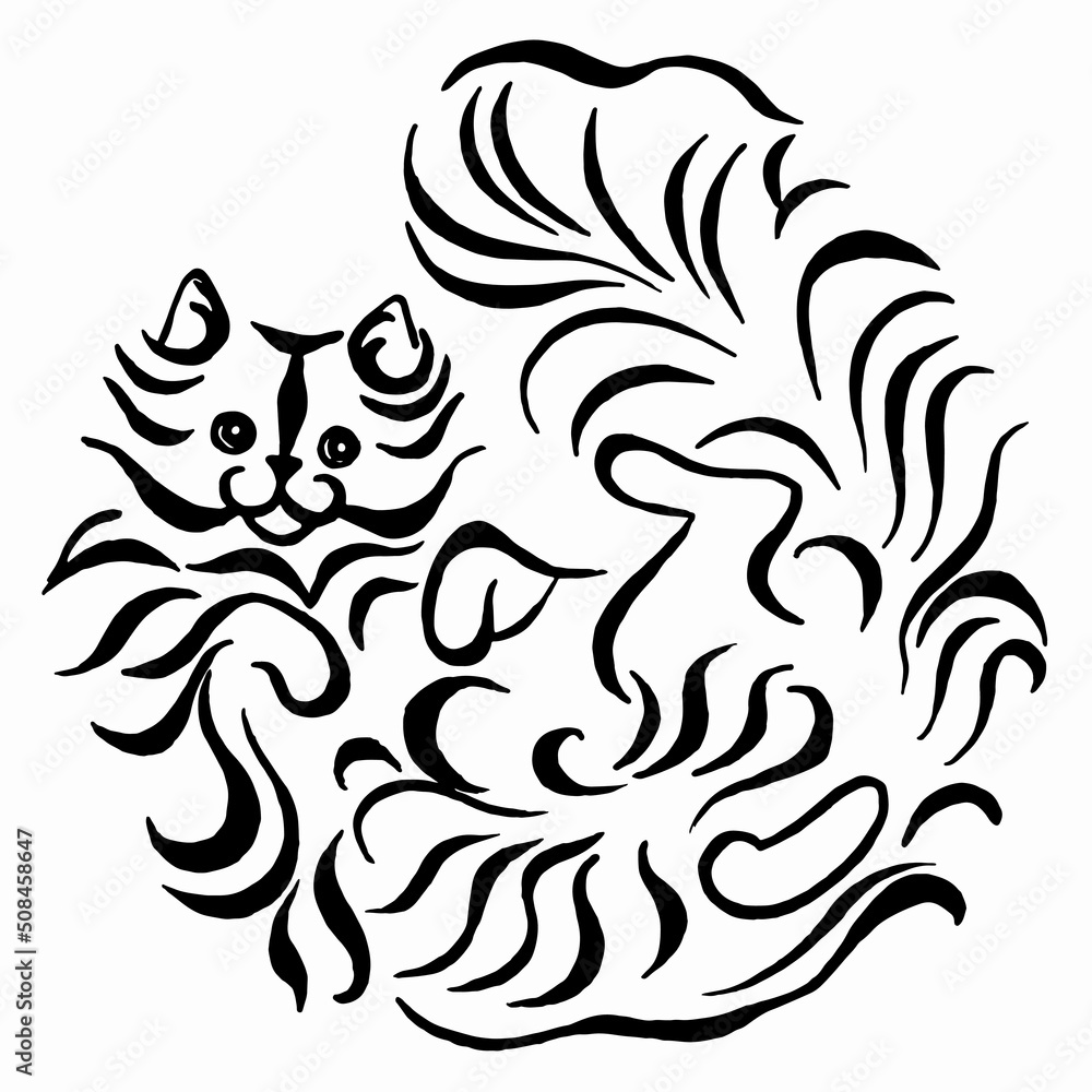 Curly longhair cat lies on its back. Cat drawing in sketch style on white background. Fluffy cat linear drawing. Black and white hand draw picture. Calligraphy image.