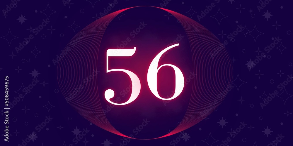 Number 56. Banner with the number fifty six on a blue background and blue and purple details with a circle purple in the middle Number 56. Banner with the number fifty six on a blue background and blue and purple details with a circle purple in the middle