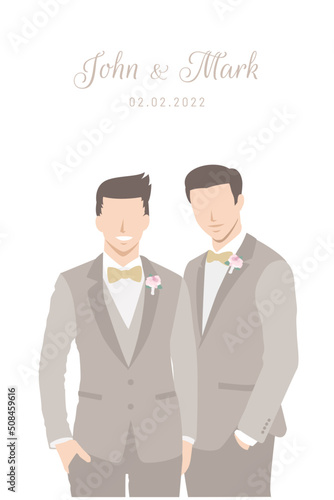 Gay couple grooms in beige suits happily stands beside each other for their wedding ceremony invitation card flat vector characters on white background