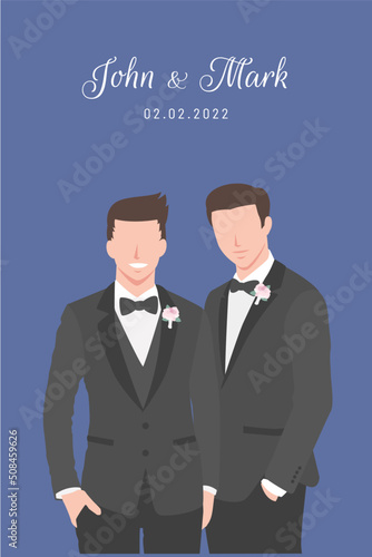 Gay couple grooms in black suits happily stands beside each other for their wedding ceremony invitation card flat vector characters on navy blue background