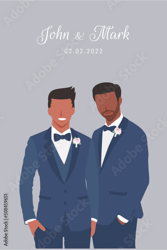 Gay couple grooms in navy blue suits happily stands beside each other for their wedding ceremony invitation card flat vector characters on gray background