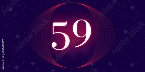Number 59. Banner with the number fifty nine on a blue background and blue and purple details with a circle purple in the middle photo