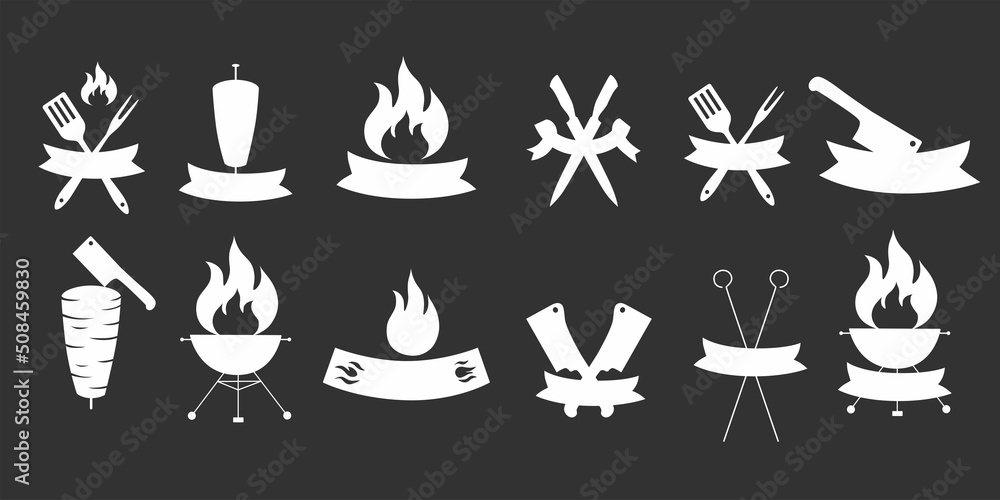 Logo constructor for doner, kebab, barbecue, grill party logo set. Vector stock illustration isolated on black chalkboard background for design packaging, logo, menu in restaurant, butcher shop. Logo constructor for doner, kebab, barbecue, grill party logo set. Vector stock illustration isolated on black chalkboard background for design packaging, logo, menu in restaurant, butcher shop.