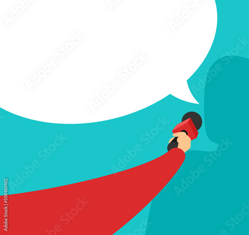 Hand holding microphone with speech bubble