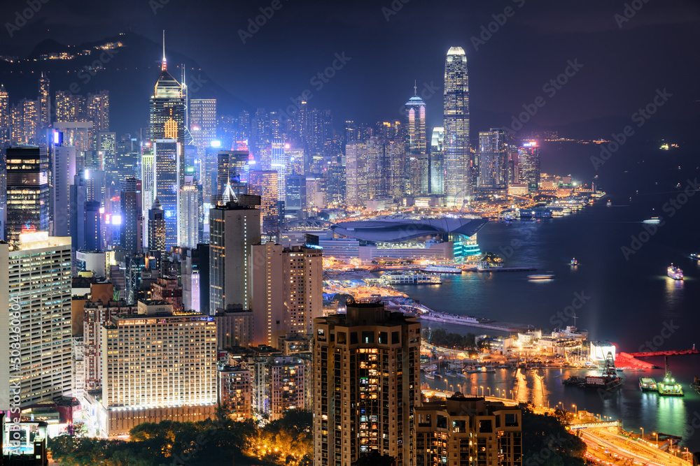 Amazing night aerial view of skyscrapers in Hong Kong