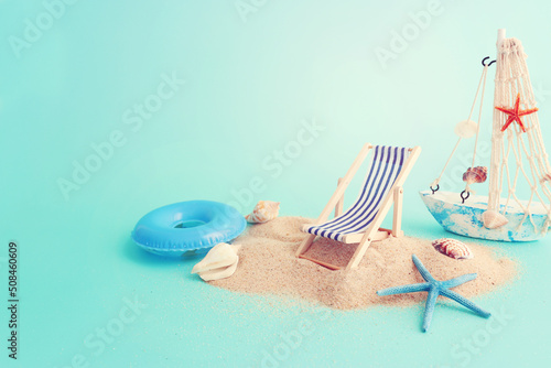 holidays image of tropical sea and beach chairs. Summer travel and vacation concept