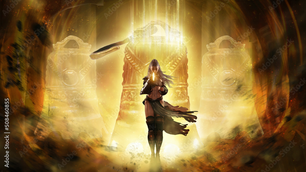 Εκτύπωση καμβά A cute girl is a martial arts master praying calling a huge golden bell destructively falling from heaven creating a deafening ringing of crumbling stones, it consists of soul magic