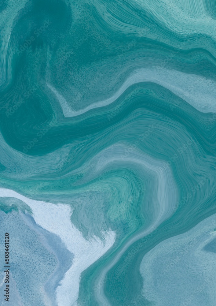 Beautiful abstraction of emerald and blue, imitation of waves and streaks in the fluid art technique