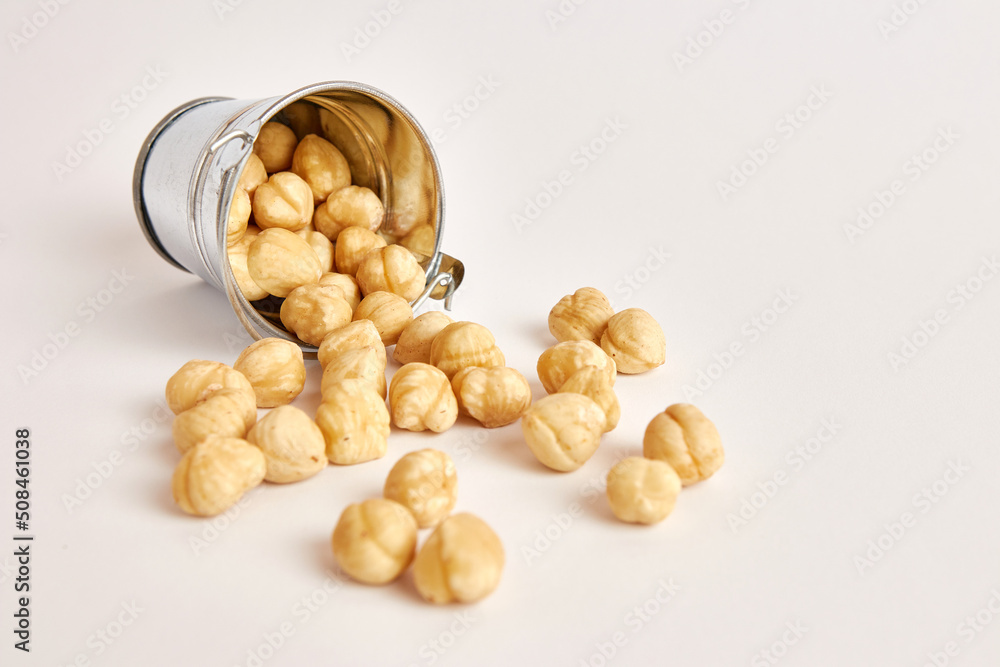 Metal bucket with hazelnuts. Nuts are a healthy and nutritious food. Metal bucket with hazelnuts. Nuts are a healthy and nutritious food.