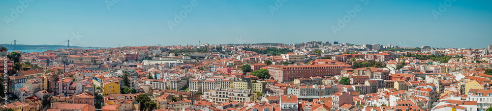 panoramic view of the Ponte 25 de Abril Bridge and the city of Lisbon.