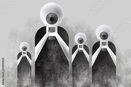 Conceptual illustration of people with eyeballs as their heads looking at mobilephones