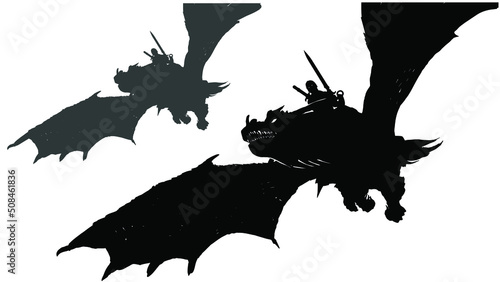 A black silhouette of a warrior with a sword sitting astride a huge flying dragon with large wings, a large spiked head with glowing eyes and teeth. 2da art