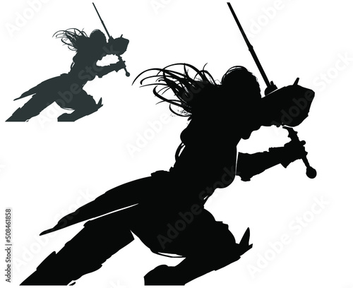 A black silhouette of a beautiful warrior woman, she is a knight bravely running into battle with two-handed sword in hands,she is wearing plate armor, she has long flowing hair, back view  2d art