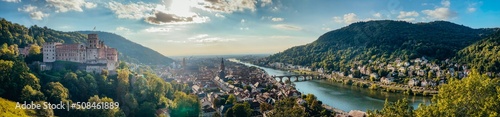  Panoramic view from Scheffelterrasse on the Unique city of Heidelberg in September 2021.. 