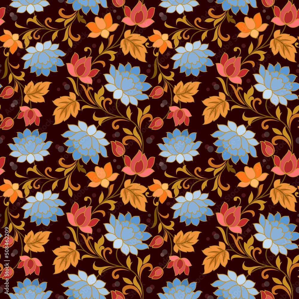 Floral design on dark brown color seamless pattern.
